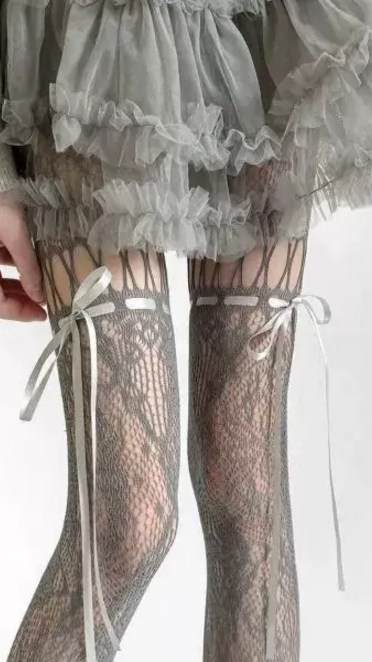 🎀 Ribbon детальтай өвдөг дээгүүр эффекттэй торон трико